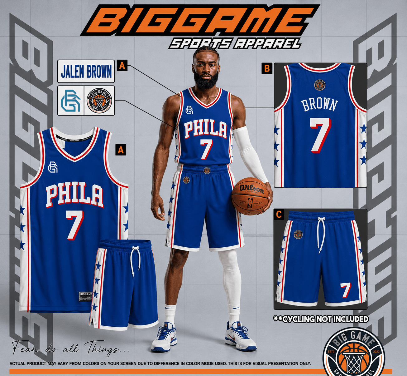Classic Royal full-sublimation custom basketball jersey and shorts set, front and back view