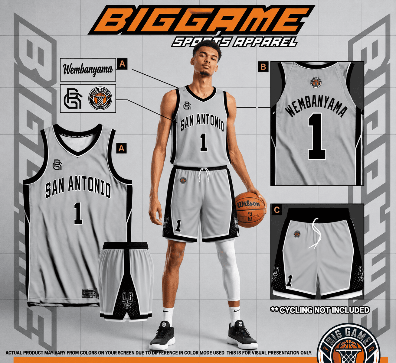 Silver & Black full-sublimation custom basketball jersey and shorts set, front and back view