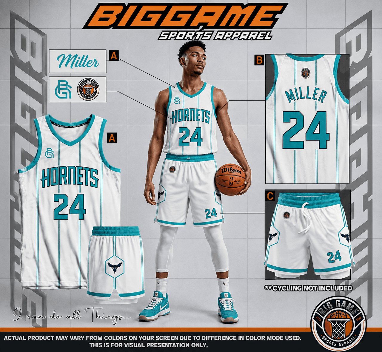 Teal Sting full-sublimation custom basketball jersey and shorts set, front and back view