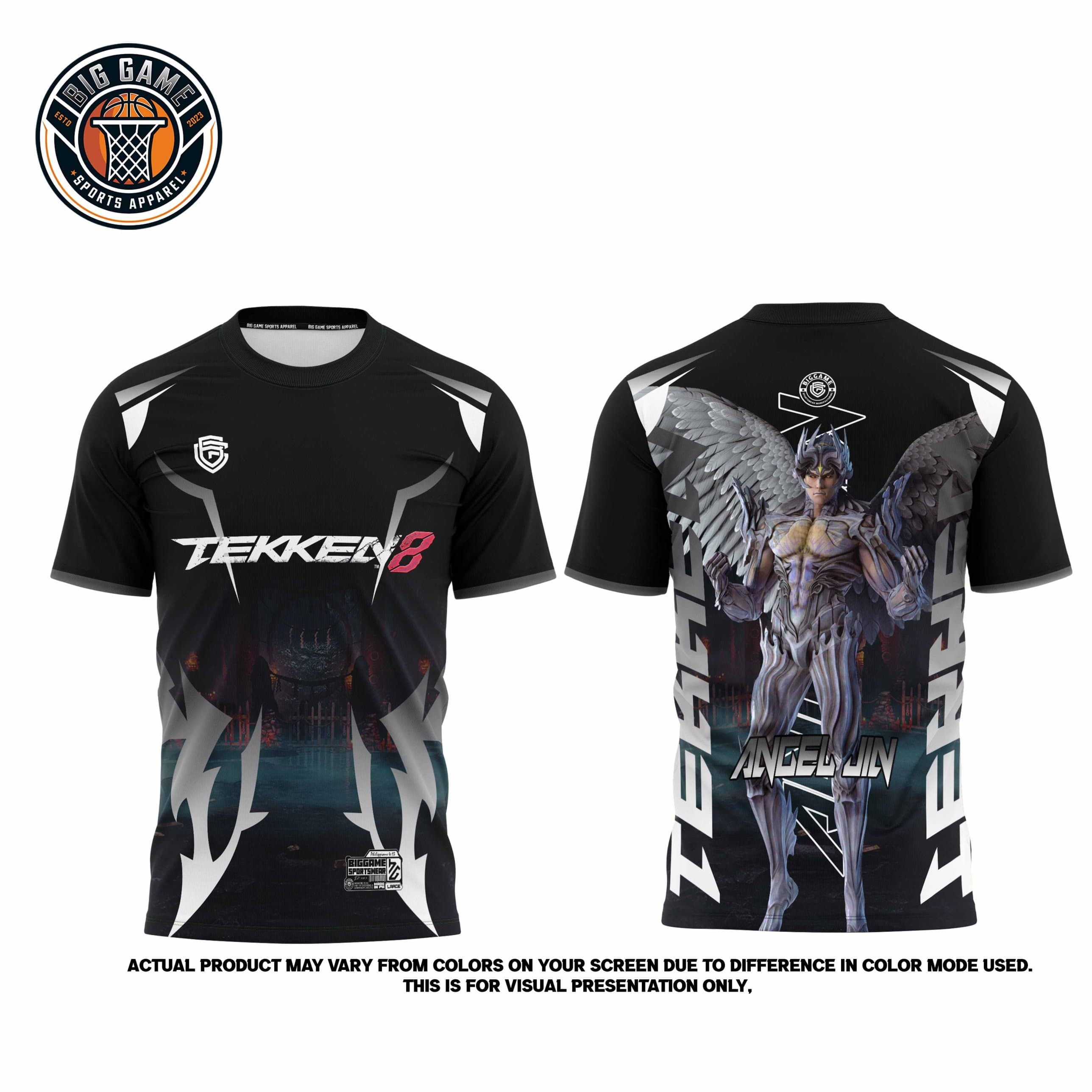 Tekken 8 Angel Jin t-shirt front and back, black shirt with TEKKEN 8 logo on front and Angel Jin character print with wings on back