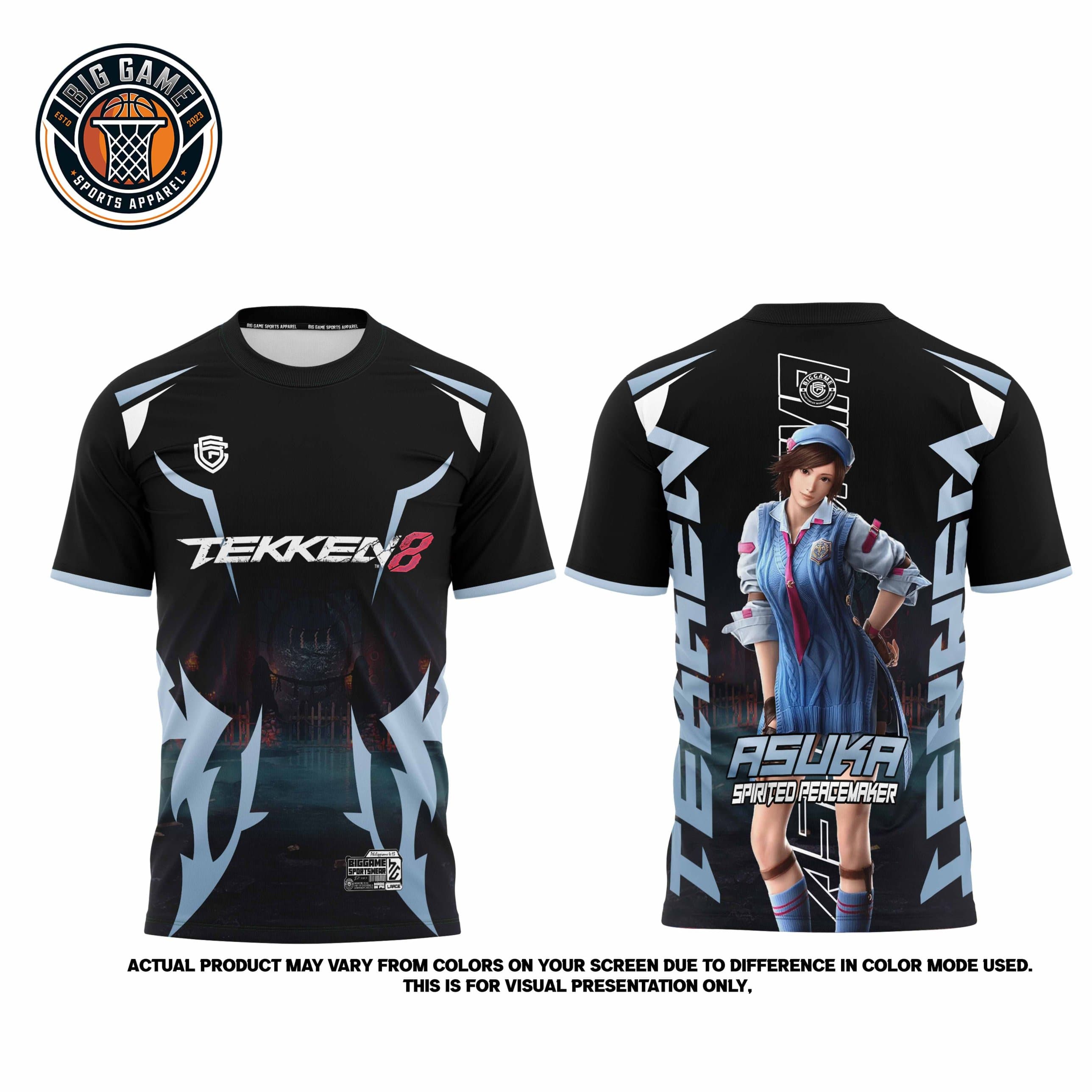Tekken 8 Asuka Spirited Peacemaker t-shirt front and back, black and blue shirt with TEKKEN 8 logo on front and Asuka character print on back