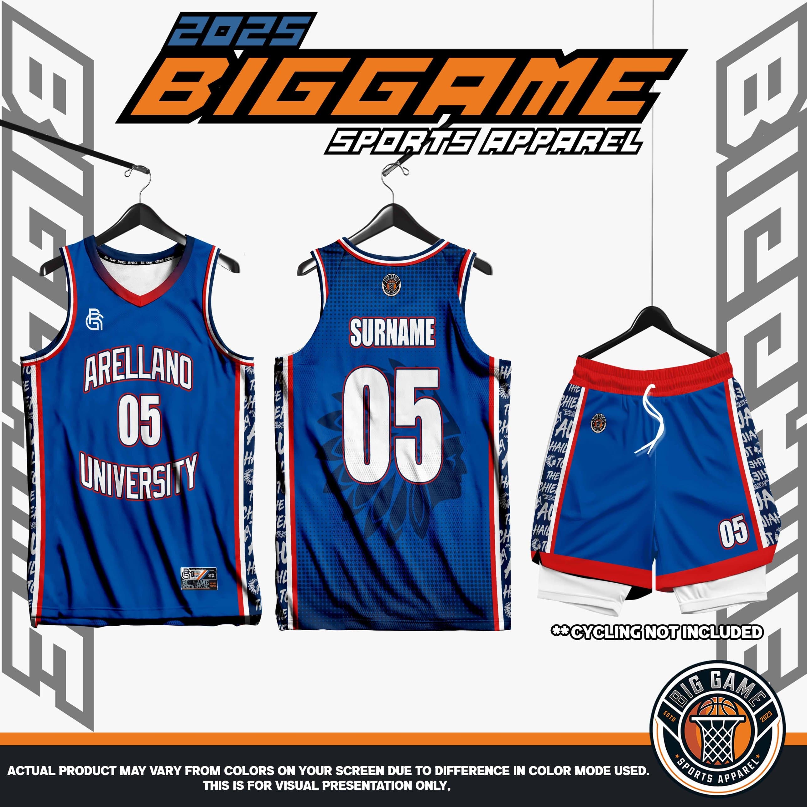 Arellano University blue jersey and shorts set layout