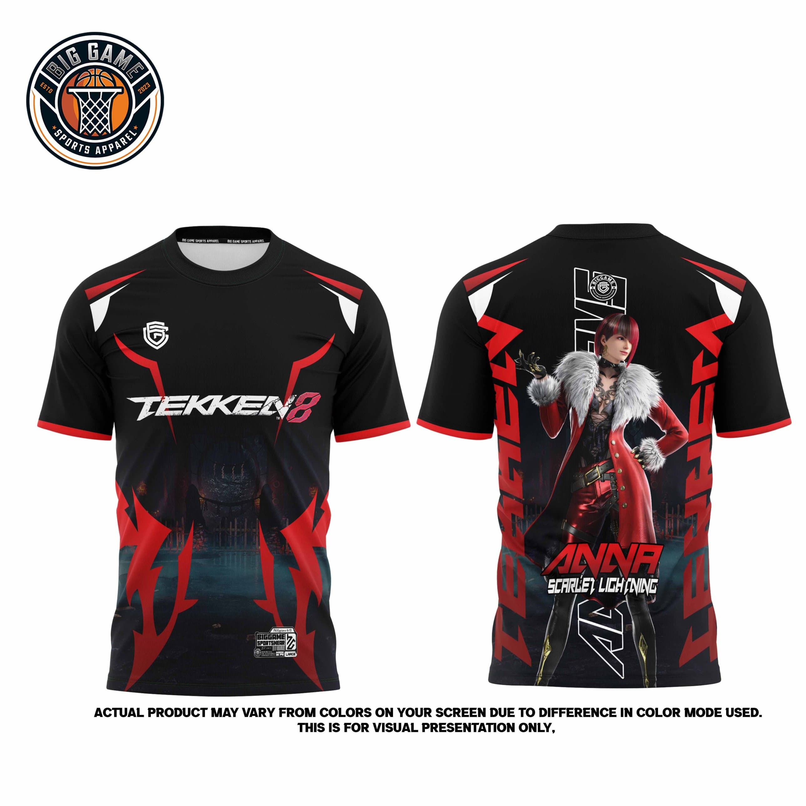 Tekken 8 Anna Scarlet Lightning t-shirt front and back, black and red shirt with TEKKEN 8 logo on front and Anna character print on back