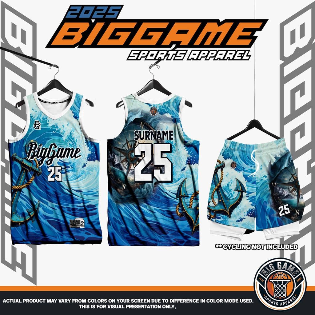 Wave jersey, shorts and warmer set, blue ocean wave with anchor and compass design