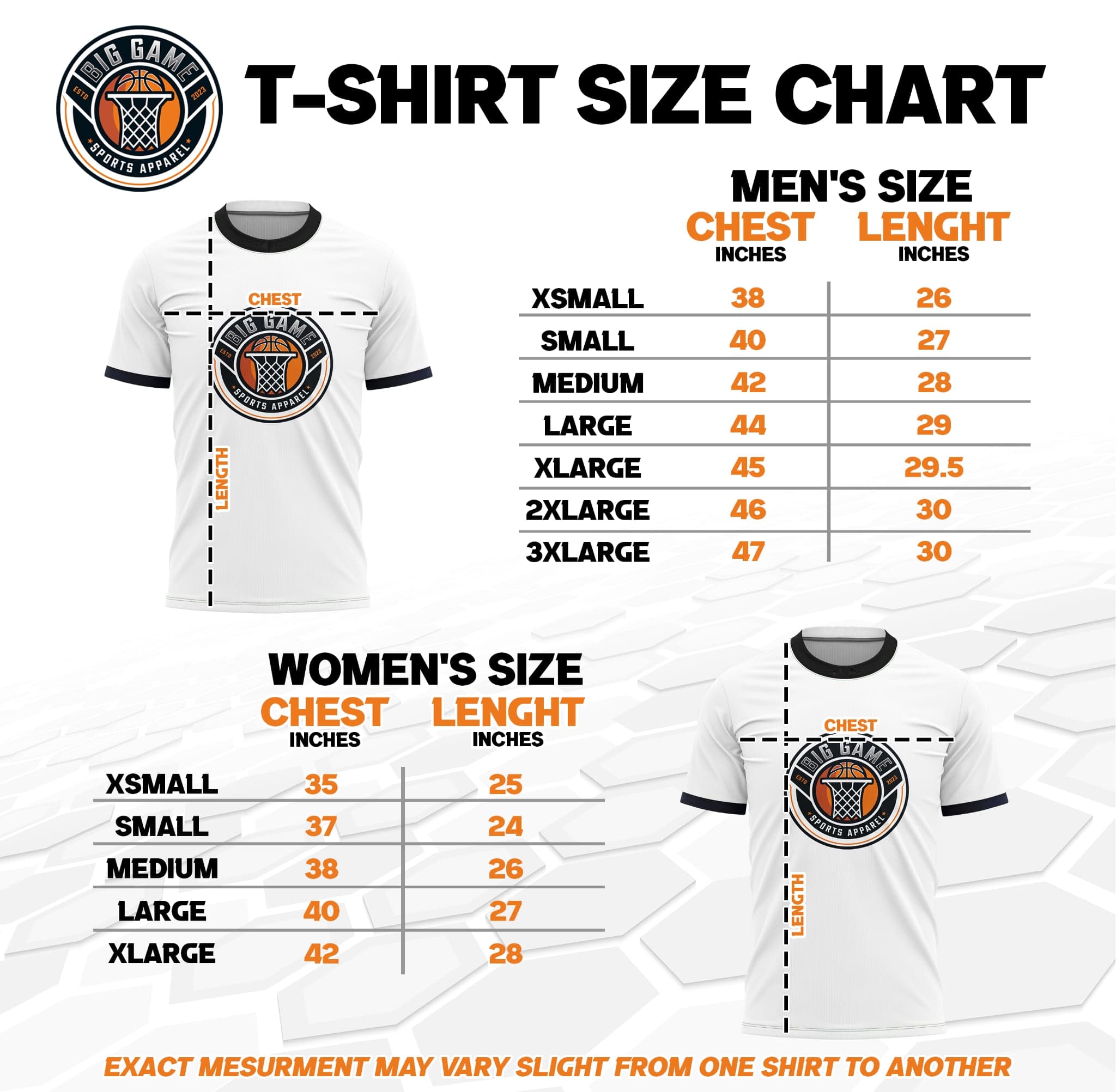 Big Game Sports Apparel t-shirt size chart - men's and women's chest and length measurements