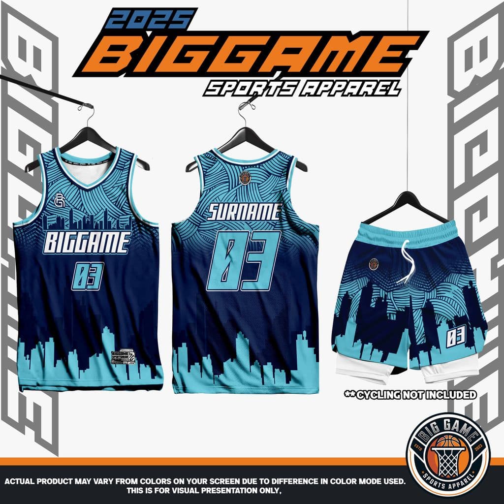 Build jersey, shorts and warmer set, navy and teal city skyline design