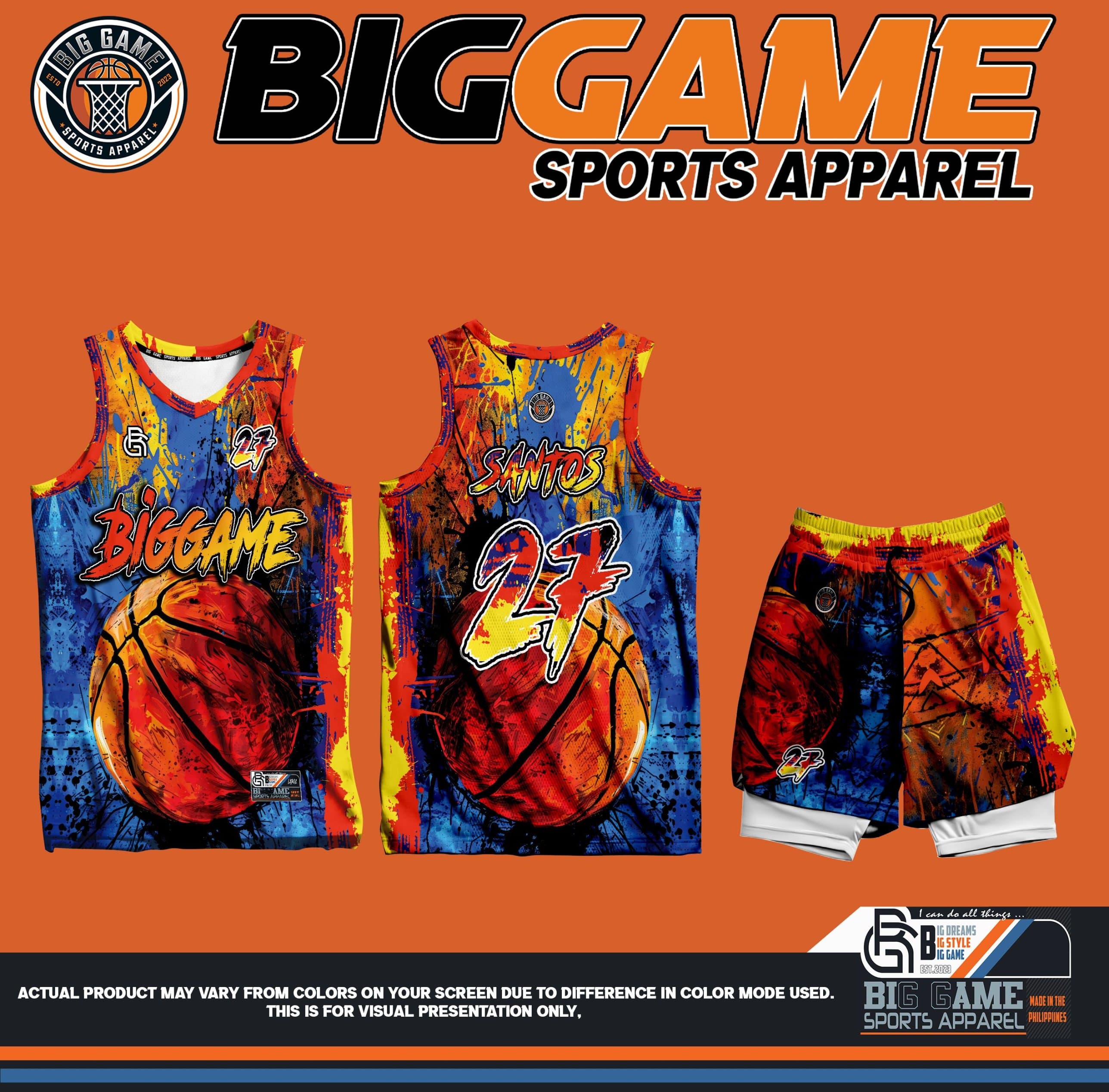 Hotshot jersey, shorts and warmer set, red orange blue and yellow paint splatter basketball design