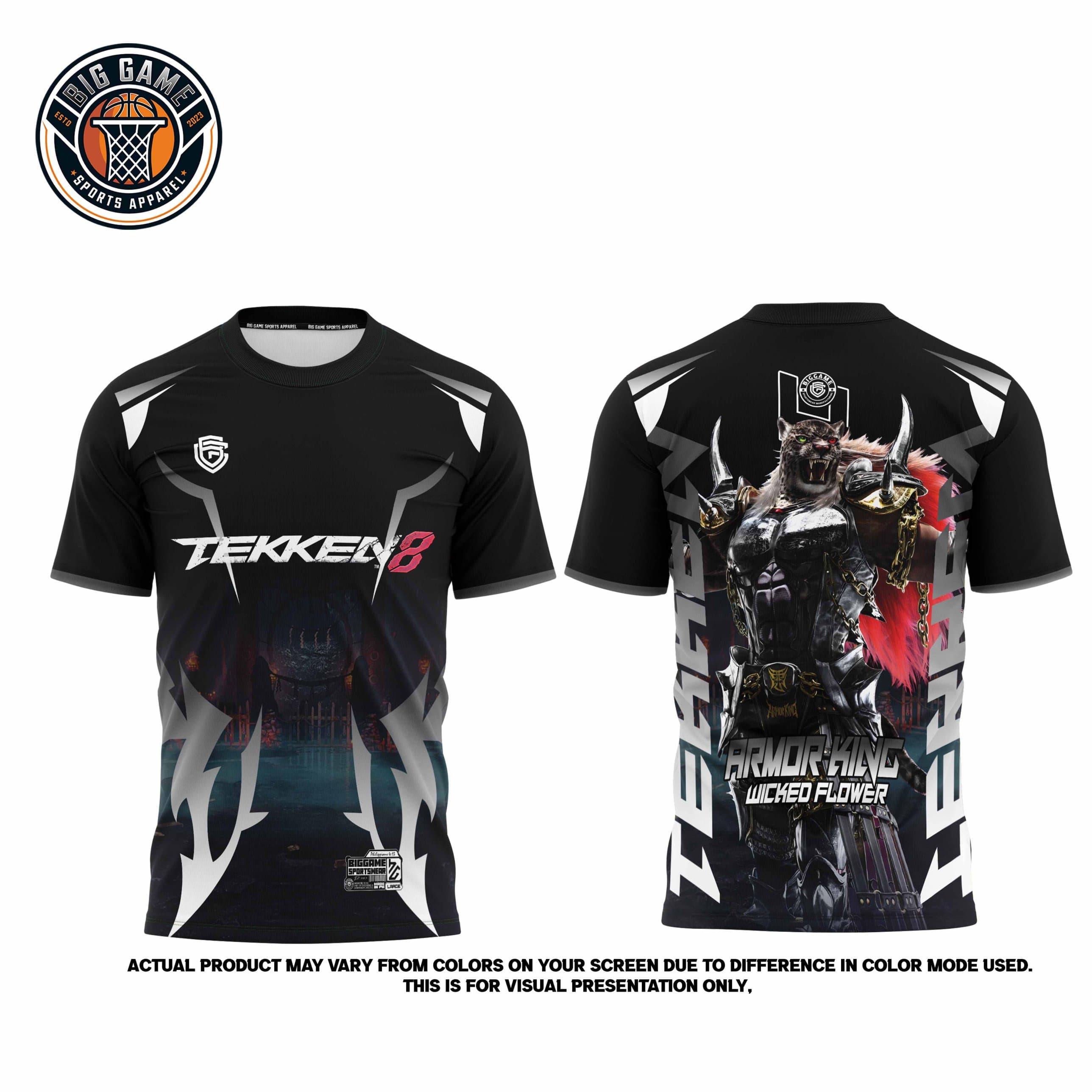 Tekken 8 Armor King Wicked Flower t-shirt front and back, black shirt with TEKKEN 8 logo on front and Armor King character print on back