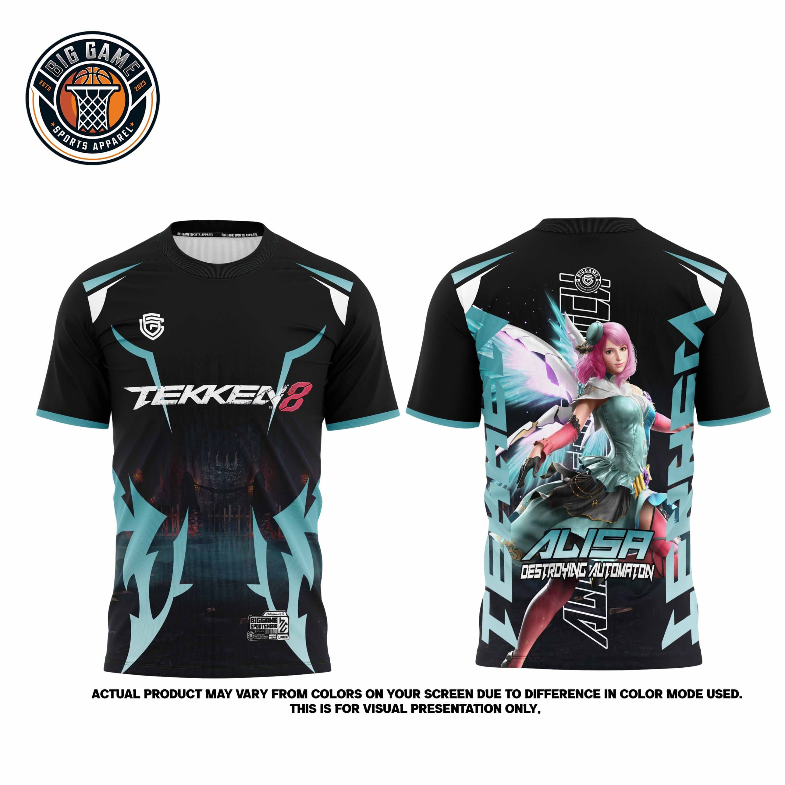 Tekken 8 Alisa t-shirt front and back, black shirt with teal TEKKEN 8 logo on front and Alisa Destroying Automaton character print on back